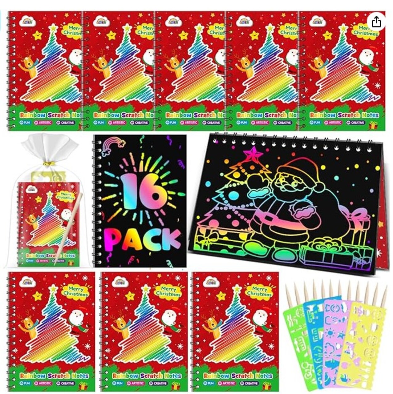 Rainbow Scratch Art Notebook 16 Pack Scratch Art in Bulk for Children's Birthday Party Favors, Girls and Boys Christmas Gifts, Toy Scratch Pads, and Classroom Prizes